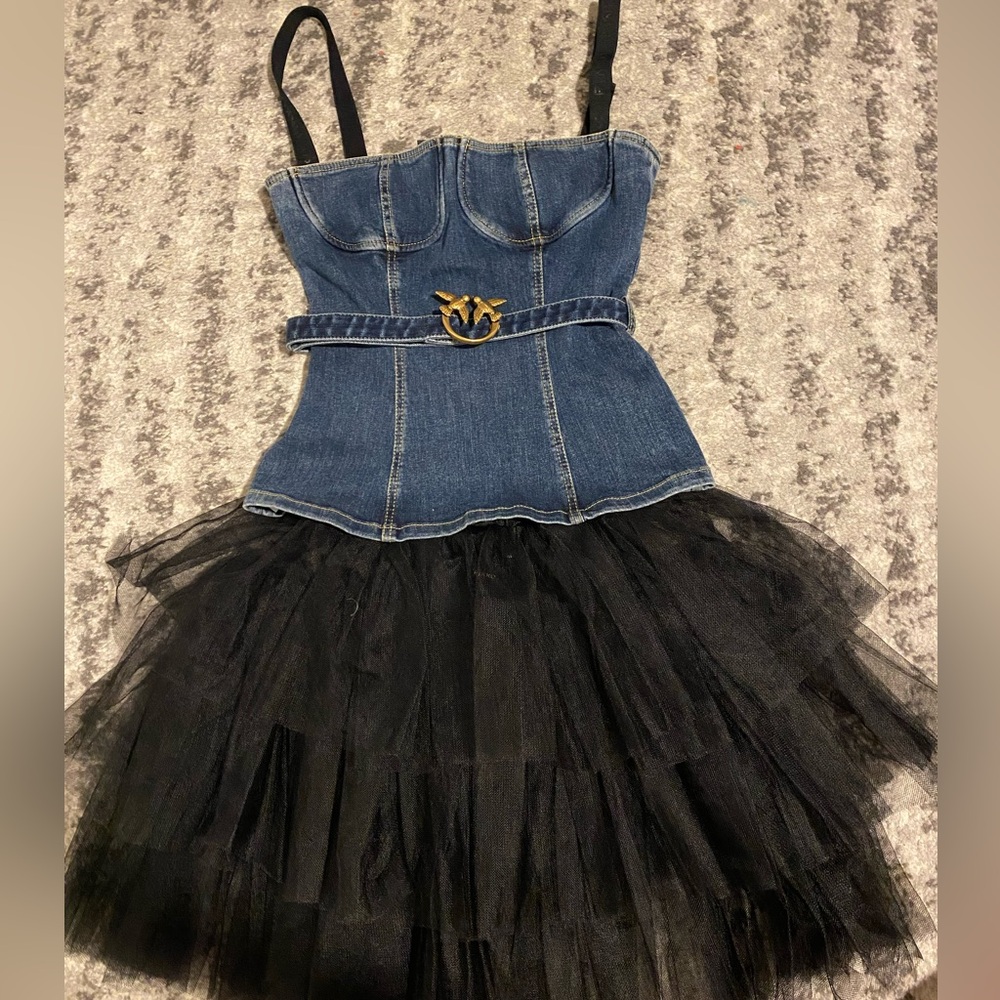 Pinko Blue Denim and Black Tulle Dress